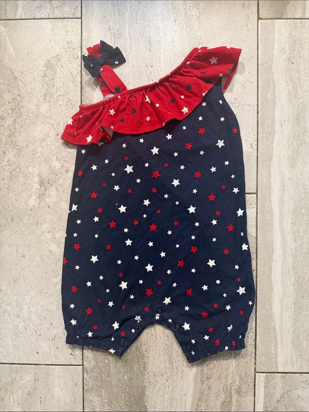 Celebrate It Navy Romper with Red Ruffle and Star Print